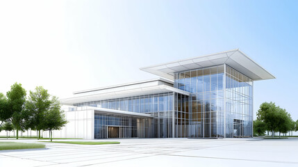 Fototapeta premium Modern Architectural Building Exterior With Glass Facade And Trees