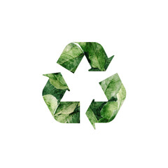 Recycling symbol made of green leaves on a white isolated background.