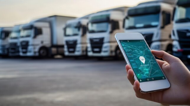 Hand holding smartphone displaying GPS tracking app with semi-trucks in background.
