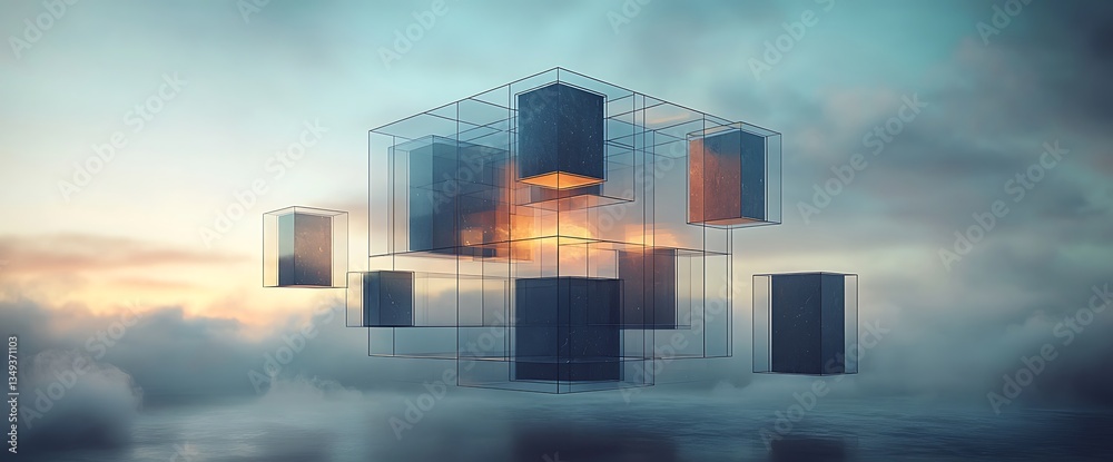 Poster Floating Cubical Structures in Misty Sky