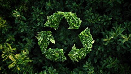 Recycled symbol formed from leaves.  Green leaves create a circular arrow pattern on a bed of greenery