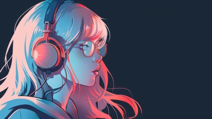 Beautiful anime girl listening to lofi hip hop music with headphones. Manga, cartoon drawing.