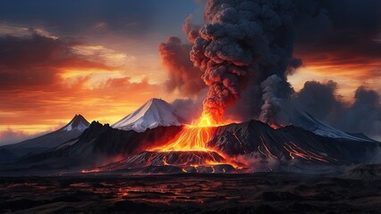 Fototapeta premium A dramatic volcanic eruption at dusk,