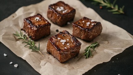 Four seared, seasoned, and succulent cubes of meat on parchment paper