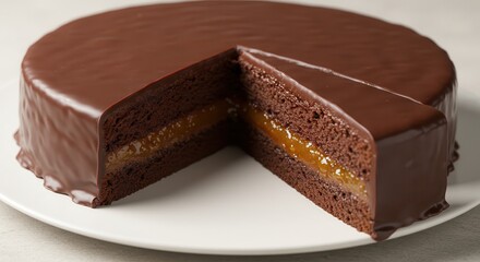 Chocolate Cake with Apricot Filling and Glossy Glaze on Plate