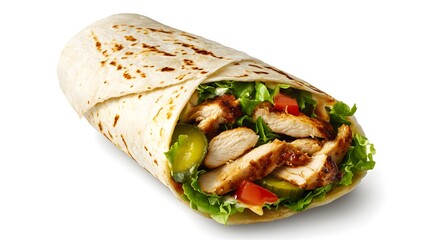 Halal chicken shawarma wrapped in a soft flatbread, filled with crunchy pickles, fresh lettuce, and drizzled with garlic sauce, vibrant colors.