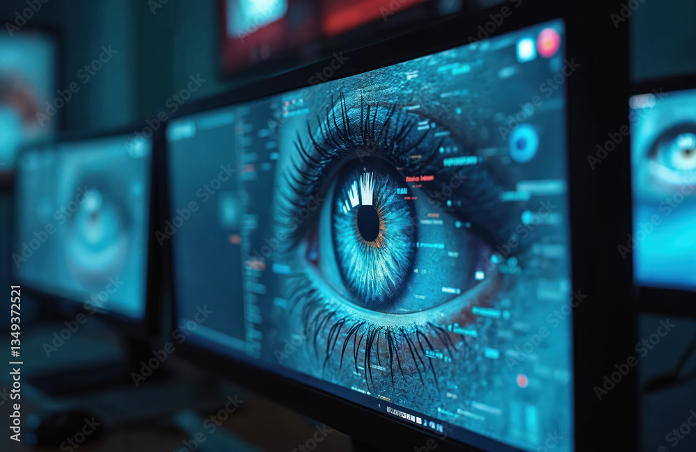 Fototapete surveillance room with several monitors displaying eye images. technology, security, privacy concept