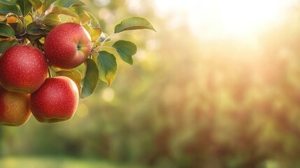 Fototapeta premium Sunlit red apples hanging on a branch