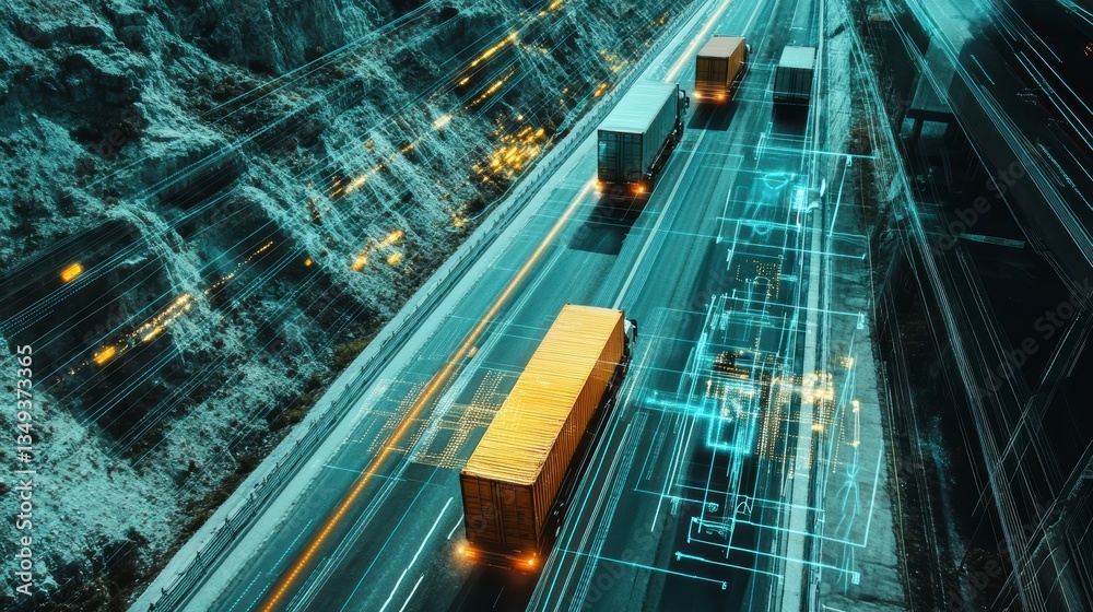 Aufkleber aerial view of three cargo trucks driving on highway at night with digital network overlay.