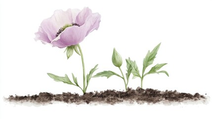 Watercolor Eustoma Blooming in Soil - Delicate pastel eustoma flower in full bloom, alongside smaller buds and lush green leaves, sprouting from rich brown earth. Symbolizing growth, beauty, nature
