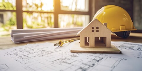 Construction blueprints with a miniature house model and hard hat