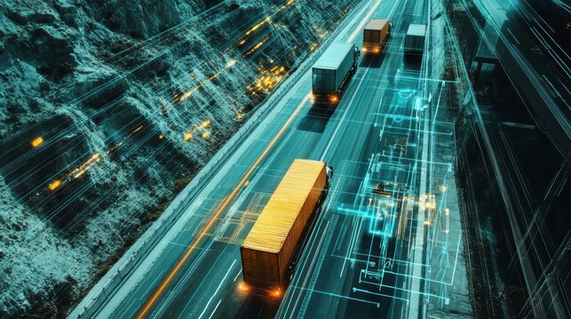 Aerial view of three cargo trucks driving on highway at night with digital network overlay.