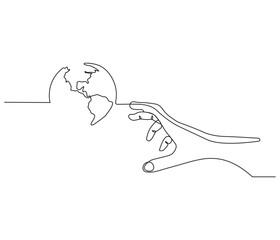 Obraz premium Continuous one line drawing of hand holding Earth. Single line drawing illustration of hand with Earth globe. Green energy concept vector art. Doodle line illustration.