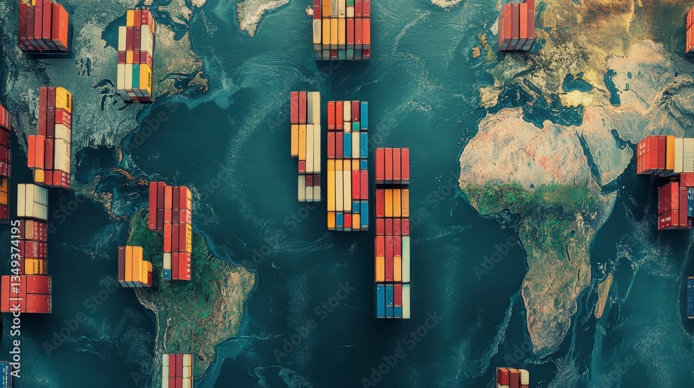 Aufkleber global shipping containers on a world map, illustrating international trade and logistics.