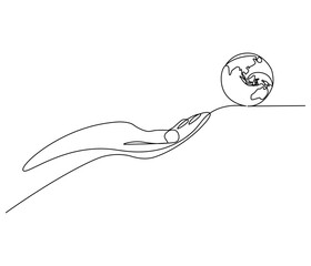 Continuous one line drawing of hand holding Earth. Single line drawing illustration of hand with Earth globe. Green energy concept vector art. Doodle line illustration.