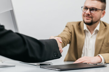 Handshake, agreement and partnership between business people meeting and greeting. Closeup of...