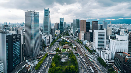 Naklejka premium High Angle View Of A Modern City With Buildings Roadways And Traffic Under A Cloudy Sky