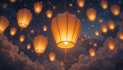 Obraz premium Magical scene of floating lanterns in the night sky filled with stars