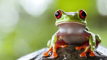 Fototapeta premium Close-up of red-eyed tree frog on rock, lush forest background