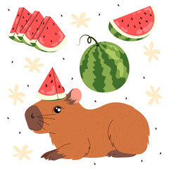 Funny capybara with watermelon slice on head. Kawaii herbivorous rodent. Ripe summer fruit. Set flat illustrations ripe watermelon slices.