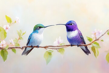 Obraz premium Two colorful hummingbirds share a tender moment, perched on a branch adorned with delicate blossoms, creating a serene and enchanting scene.