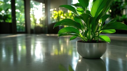 Modern indoor plant in a sleek pot, bathed in natural light.  Sunlight streams through large windows, highlighting the lush greenery and polished floor