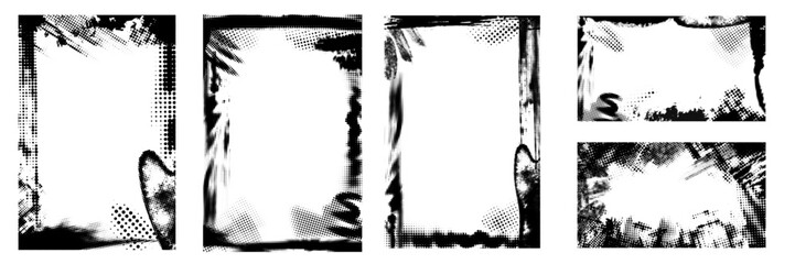 Glitch distorted noise destroyed vertical frame set. Trendy defect halftone borders.