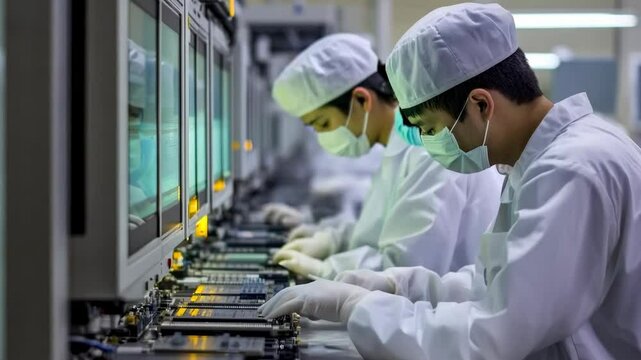 Microelectronics factory workers assembling circuit boards