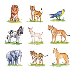 Naklejka premium Collection of illustrated animals on white isolated background.