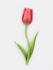 3D Rendered Tulip Flower Icon, Realistic Red Tulip with Green Stem and Leaves on White Background, High-Quality Illustration