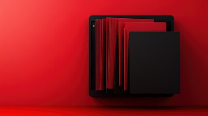 Organized Office Concept: Black File Folder with Official Documents on Vibrant Red Background with Copy Space for Text Elements