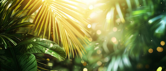Lush tropical palm leaves in warm golden sunlight, with dreamy bokeh creating a vibrant, nature-inspired atmosphere. Background for travel, wellness, exotic paradise vacation. Generative ai