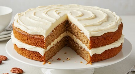 Two Layer Cake with Frosting Slice Missing Displayed on Stand