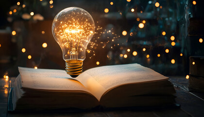 Book with glowing light bulb on table and magic lights