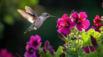 Fototapeta premium White hummingbird hovering near the petals of an electric purple geranium flower. The flowers' dark green leaves contrast with their deep red hues
