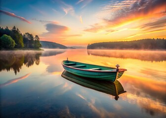 Tranquil lake, peaceful boat, serene waterscape.  Nature's calm captured in still photography.