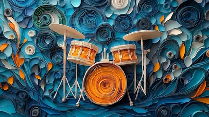 decorative violin art Colorful abstract drum set background with vibrant swirls and artistic designs.