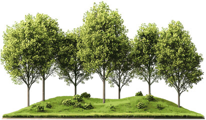 Forest trees layout vector design, grassy cut-out composition, nature landscape, green foliage, outdoor scenery, eco-friendly, woodland, natural background, tranquil forest