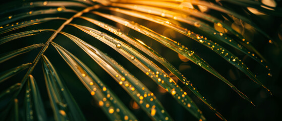 Tropical leaf with dewdrops glistening in golden sunlight. Lush, vibrant exotic background with bokeh. Wellness, spa, eco,beauty concept.Generative ai