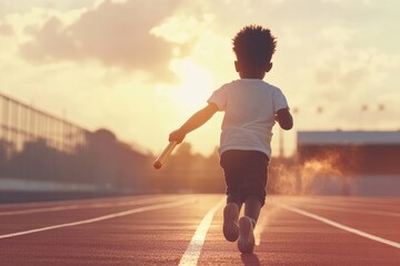 Fototapeta premium Child Running on Track at Sunset with Bat in Hand