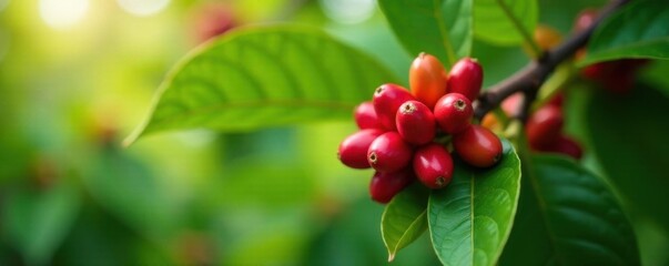 Obraz premium Vibrant red coffee beans cling to a coffee tree branch , sunlight, fruit, background