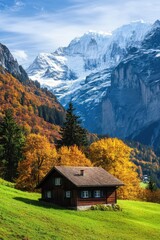 Fototapeta premium Majestic snow-capped mountains rise high above a quaint wooden house, which is nestled amidst a vibrant display of autumn trees in a stunning valley