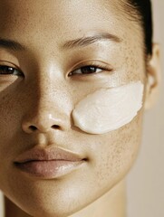 Asian young adult female with freckled skin and skincare cream on cheek