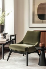 Cozy green velvet chair positioned beside a minimalist side table in a modern interior living room filled with natural light and stylish decor