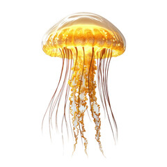 Golden jellyfish with flowing tentacles, white isolate background.