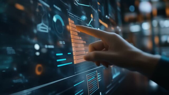 A close view of a hightech workspace with a large holographic screen displaying animated infographics and market insights while a user points and swipes demonstrating an intuitive interaction