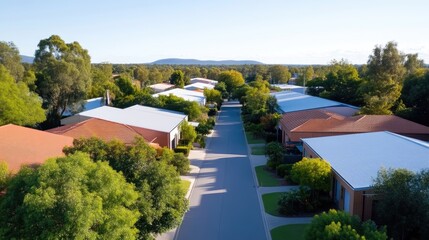 Obraz premium Residential neighborhood, rows of houses, trees, and street. Aerial view