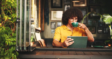 Student, drink and tablet with man in cafe on campus for college research, education or learning...