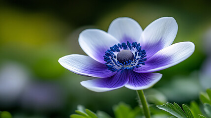 Fototapeta premium macro capture of vibrant anemone flower with striking purple and white petals and detailed stamen, set against soft, blurred background