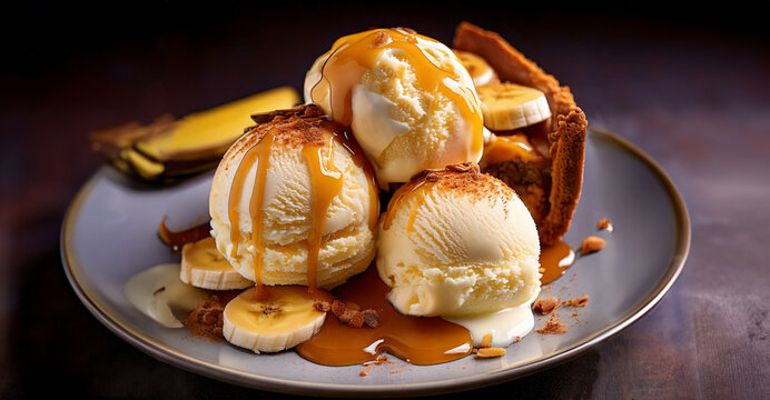 Delicious banoffe Ice Cream scoops in a plate with caramel and pie